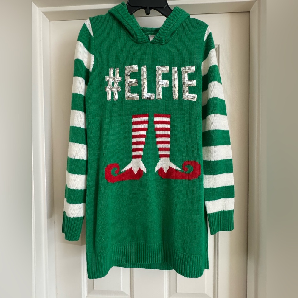 No Boundaries Green Elfie Sweater with Striped Sleeves